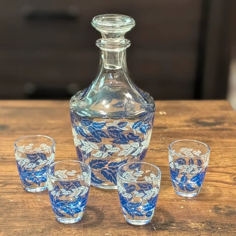 Vintage MCM Blue Silver Leaf Cordial Decanter & Shot Glass Set Luminarc France